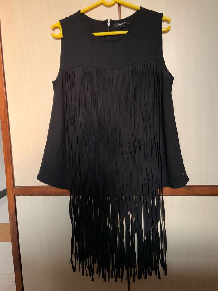 Pepe Jeans Black Solid Fringed Top