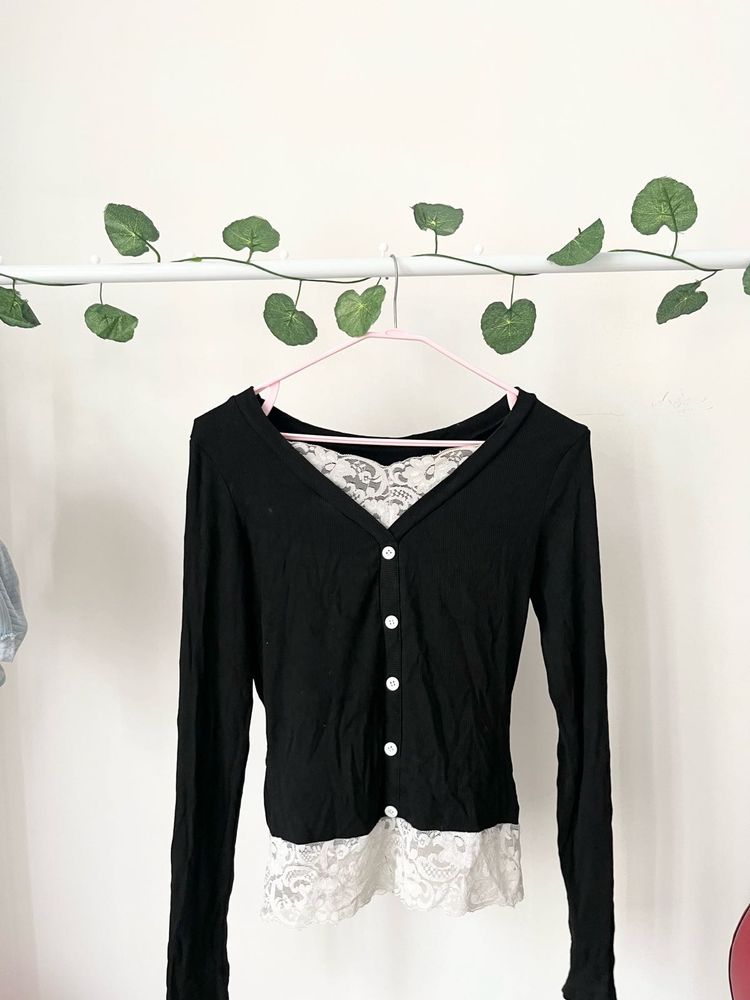 Black Lace Trim Cardigan