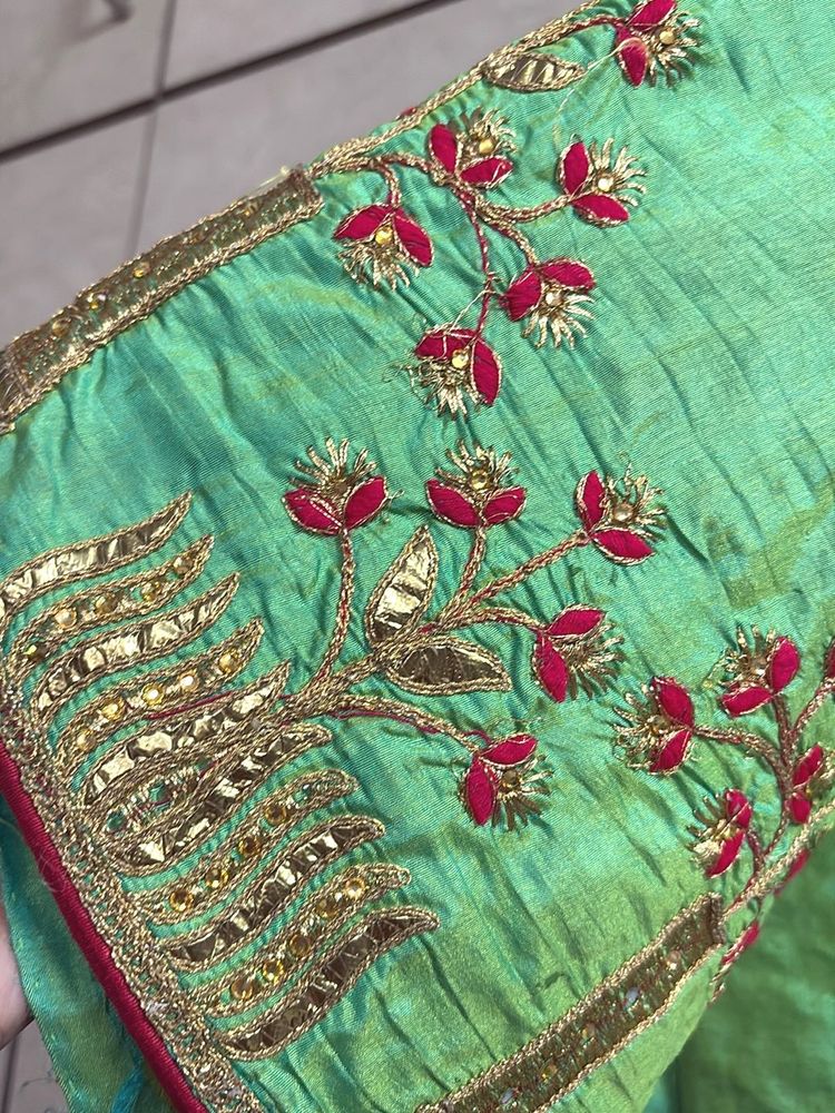 Green And Red Embroidered Tissue Saree