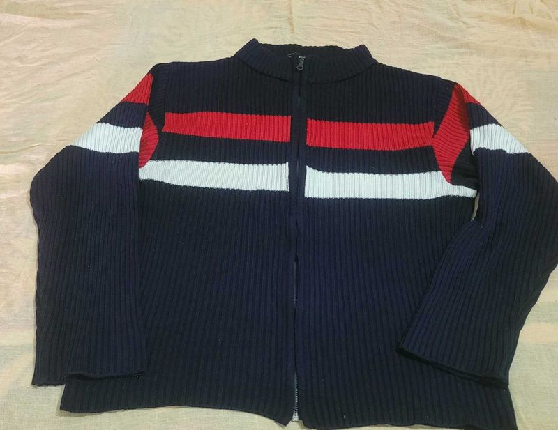 Striped Zip-Up Knit Cardigan