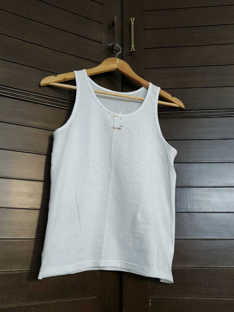 Women White Printed Cotton Casual Tank Top
