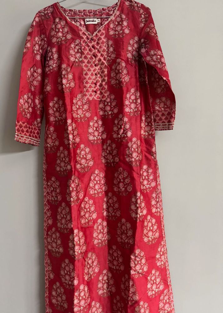 Elegant Handblock Printed Cotton Kurta – Rose Red