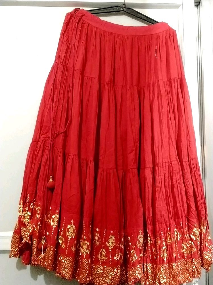 Red Cotton Skirt With Border In Bottom Pure Cotton Fabric With Inner Cotton Lining