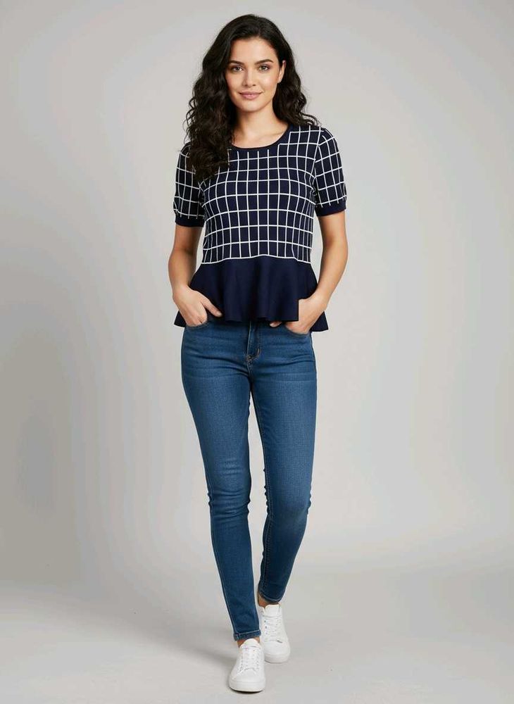 Stylish Navy &amp; White Peplum Top