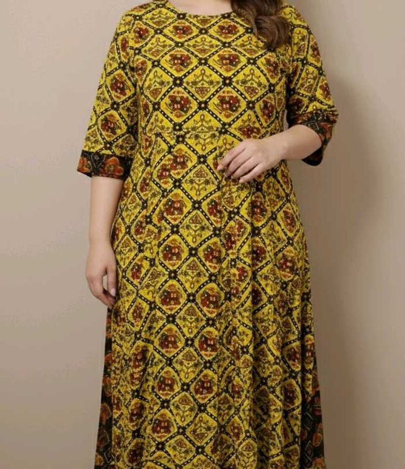 Vibrant Yellow Ethnic Print Maxi Dress/Kurti