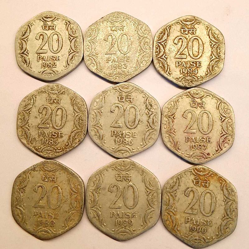 Set of 9 Yearwise Vintage 20 Paise Coins