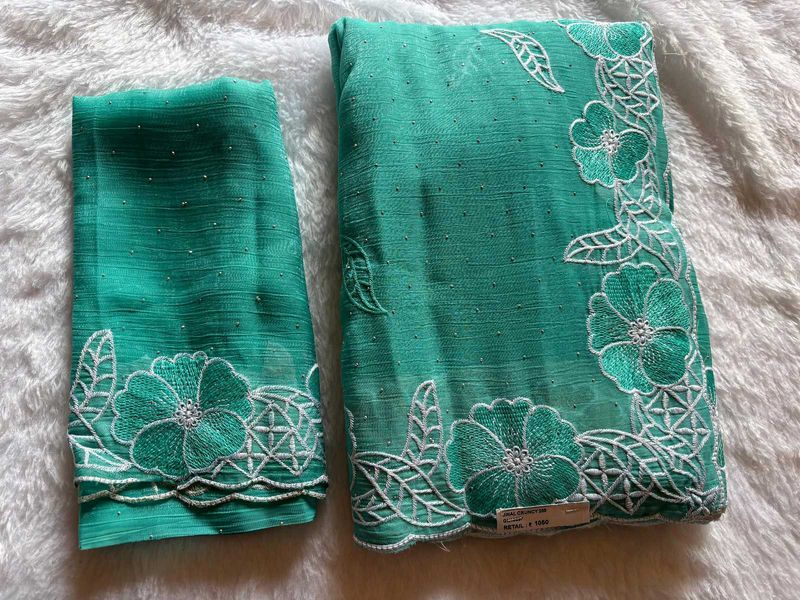 Elegant Green Embroidered Saree with work blouse
