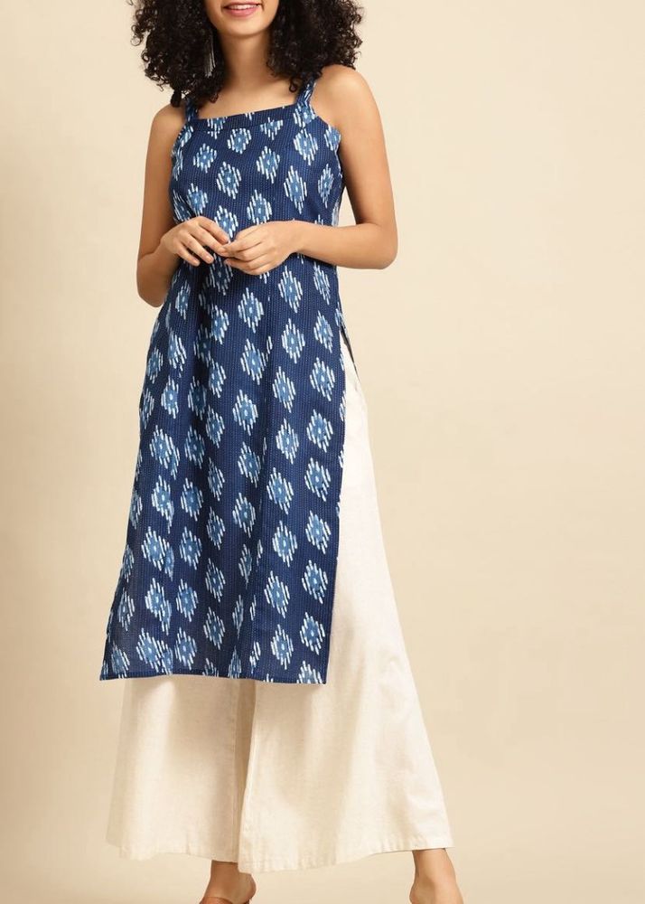 Anayna Blue And White Geometric Cotton Print Kurta