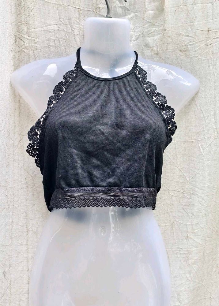 44156. Black Lace Trim Halter Top