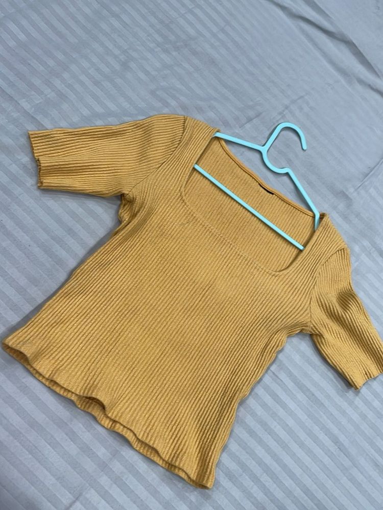 Mustard Ribbed Square Neck Top