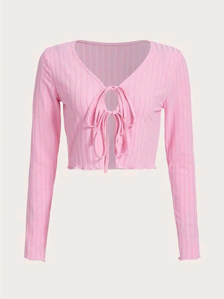 Trendy Pink Ribbed Tie-Front Crop Top❤️