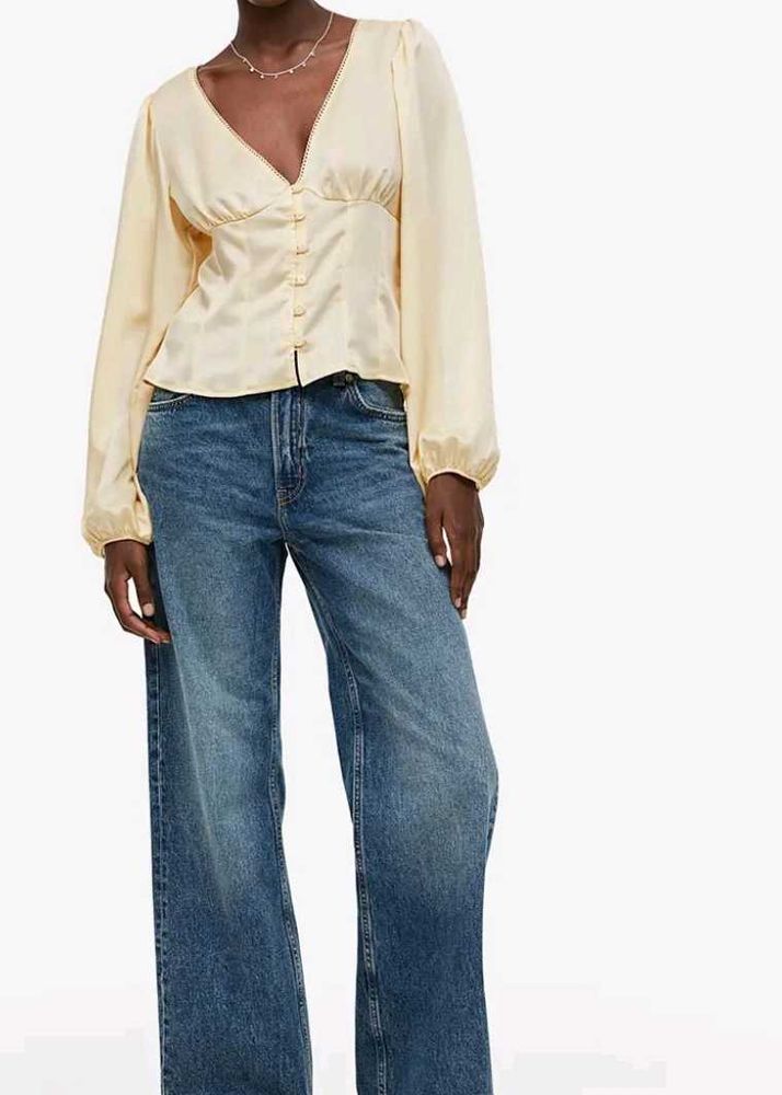 h&amp;m buff sleeves satin blouse in butter yellow