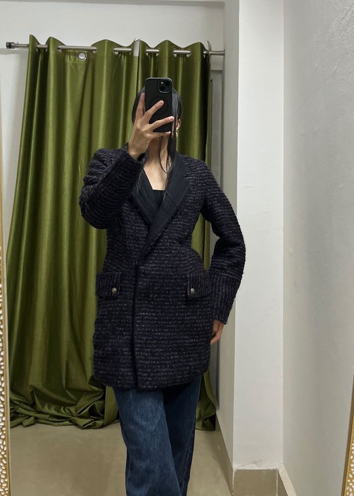 Elegant BLack-Purple Tweed Blend Coat