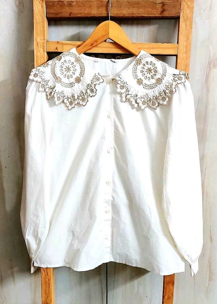 Elegant White Embellished Blouse Size-42