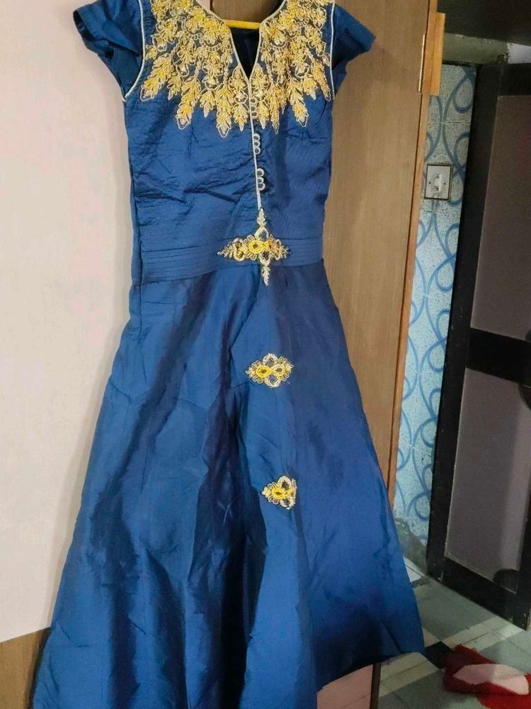 Elegant Blue &amp; Gold Embroidered Dress