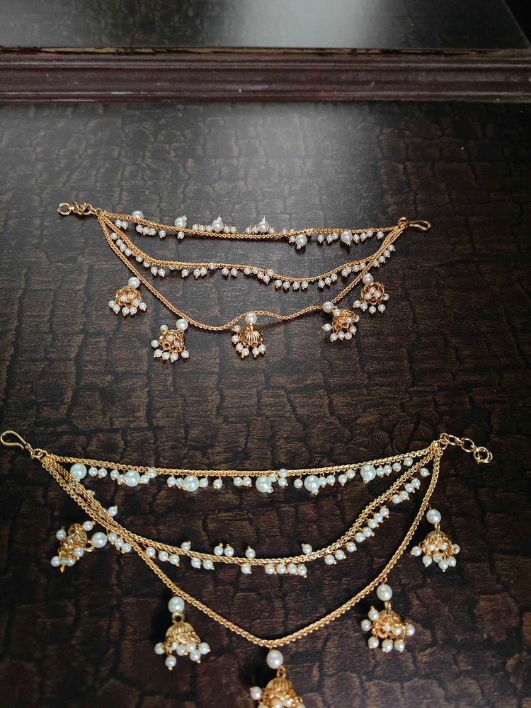 Gold &amp; Pearl Earrings And Ear Chain Set