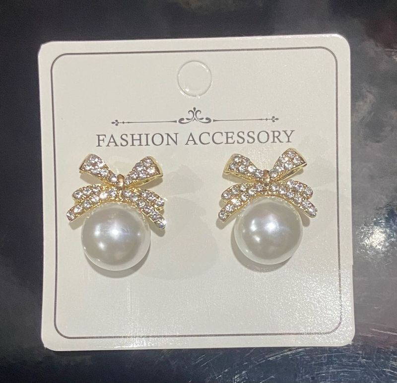Sparkling Bow and Faux Pearl Gold Plated Studs