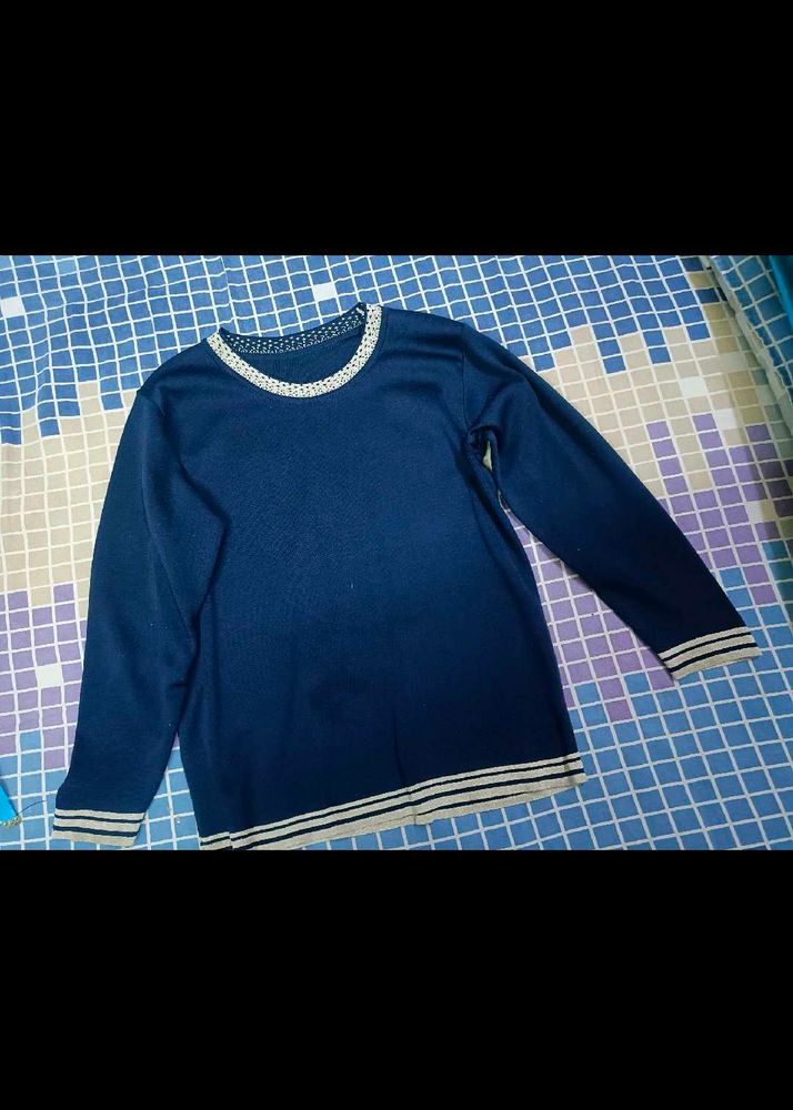 Navy Blue Embellished Pullover Sweater