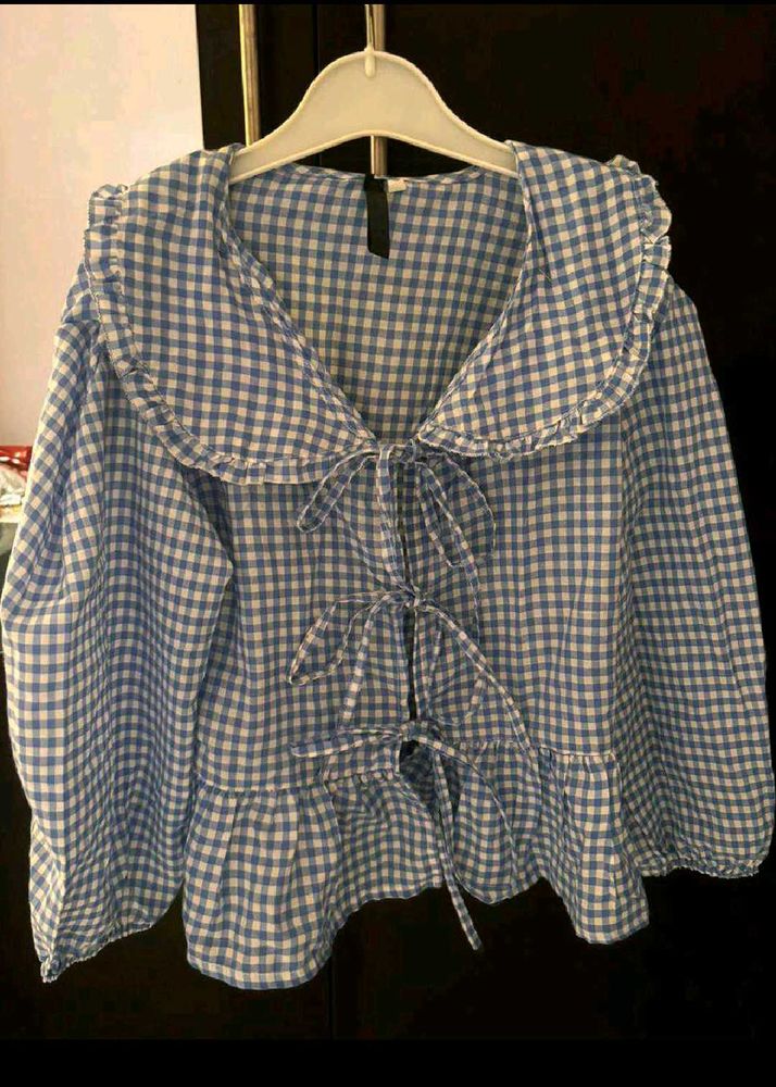Blue Gingham Ruffle Blouse