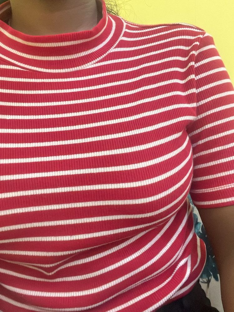 Red &amp; White Striped Mock Neck Top