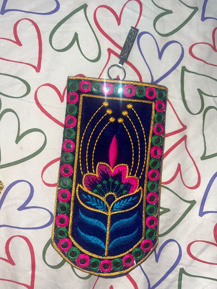 Bohemian Mirror Work Embroidered Pouch - Handmade
