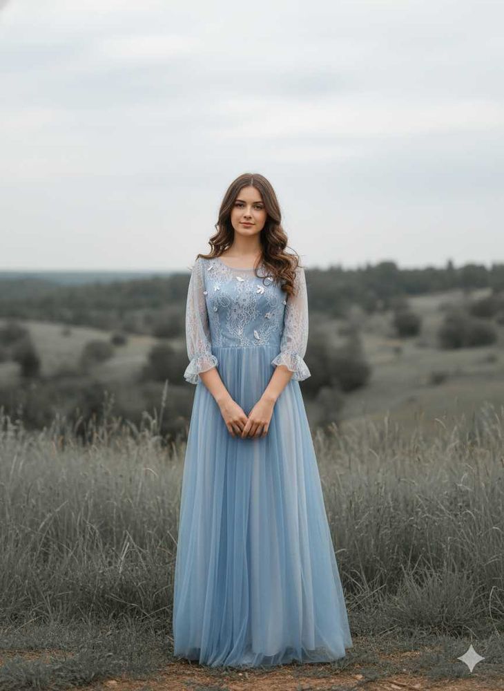 Elegant Light Blue Floral Dress