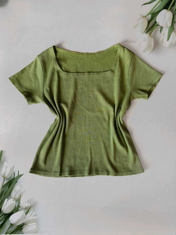 Olive Green Ribbed Square-Neck Knit Top