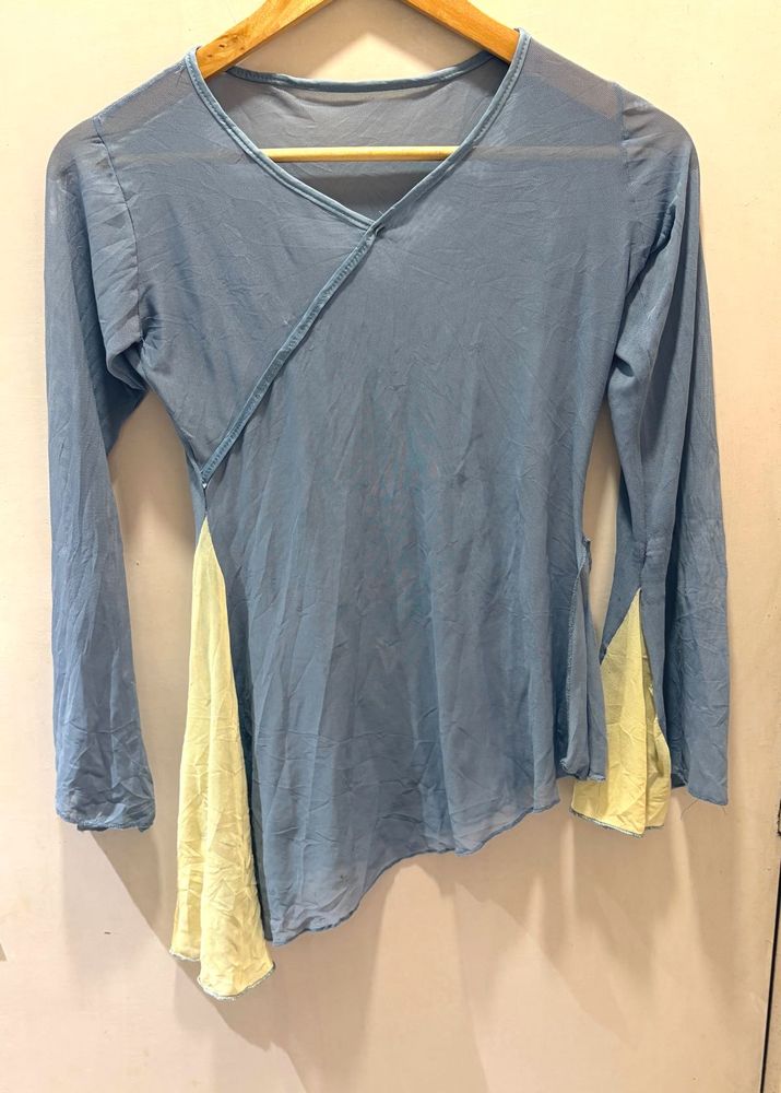 Blue Asymmetric Hem Long Sleeve Top
