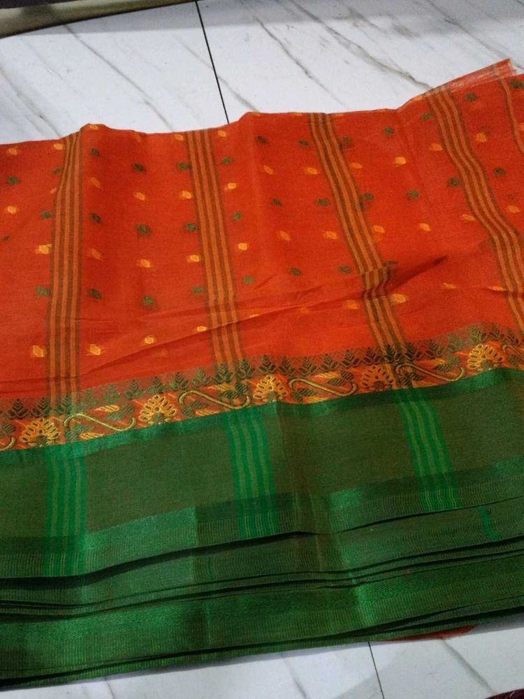 Orange &amp; Green Taant Cotton Saree