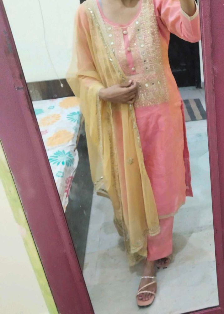 Peach Embroidered Salwar Suit Set For Women