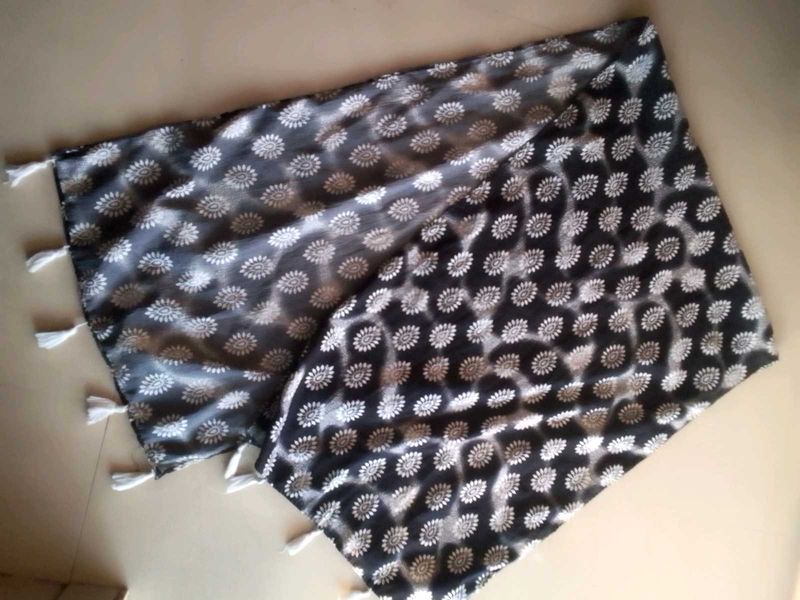 Elegant Black Printed Scarf with Tassels