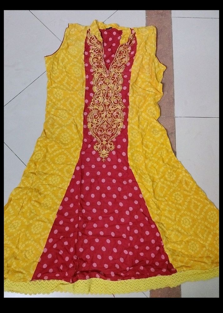 Yellow Red Bandhani Kurti
