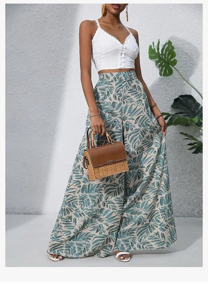 Tropical Print Wide Leg Pants
