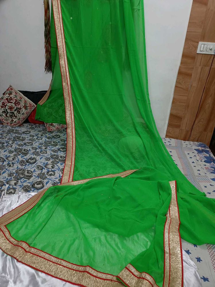 Green Soft Chiffon Saree with Red &amp; Gold Border