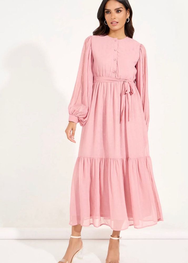 Styli Elegant Baby Pink Tiered Maxi Dress