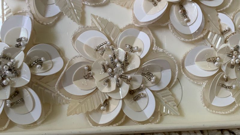 5 Piece White Sequin Handwork Flower Christmas