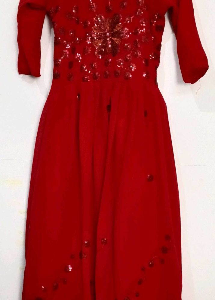 Red Sequin Embroidered Georgette/Chiffon Dres