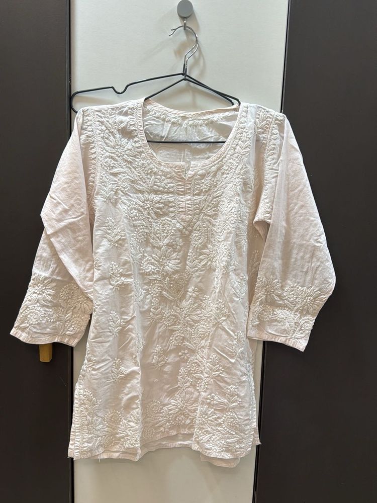 light pink chikankari short Kurta