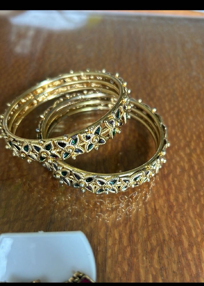 Set Of 2 Bangles Golden With Green Studs Design