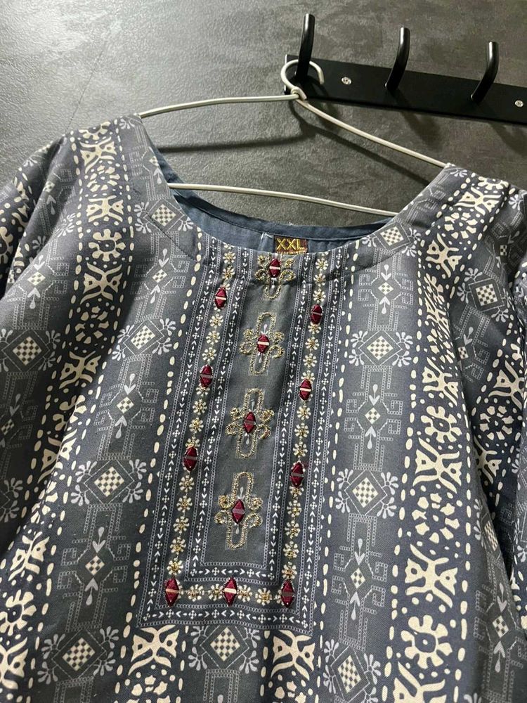 Grey Printed Kurta With Embroidery