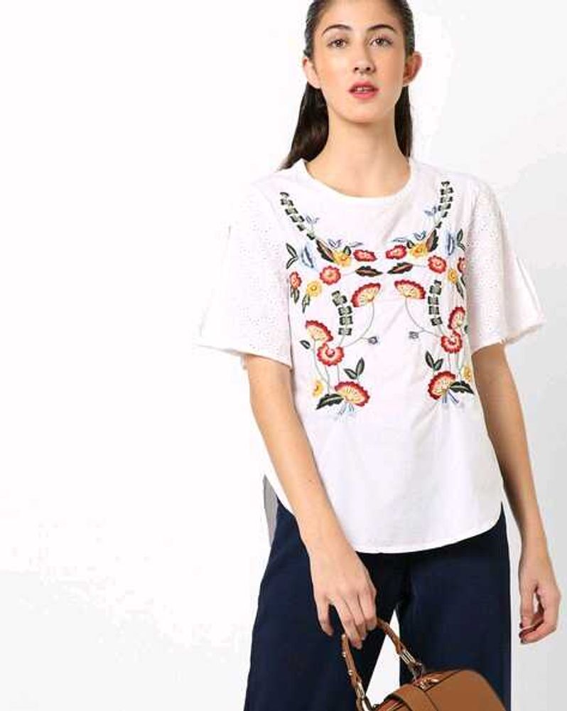 Floral Embroidered Top with Schiffli Sleeves