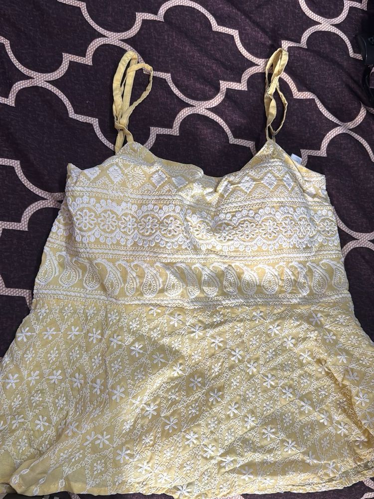 Yellow Chikankari Padded Peplum Top
