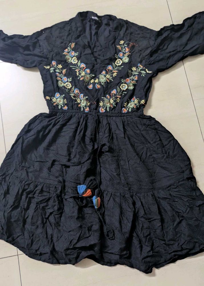 Floral Embroidered Black Mini Dress
