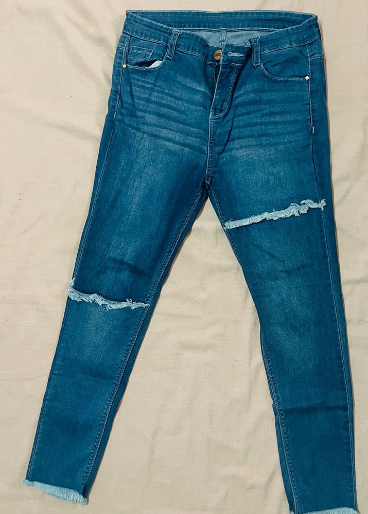 Blue Skinny Fit High Rise Waist Ripped Denim Jeans
