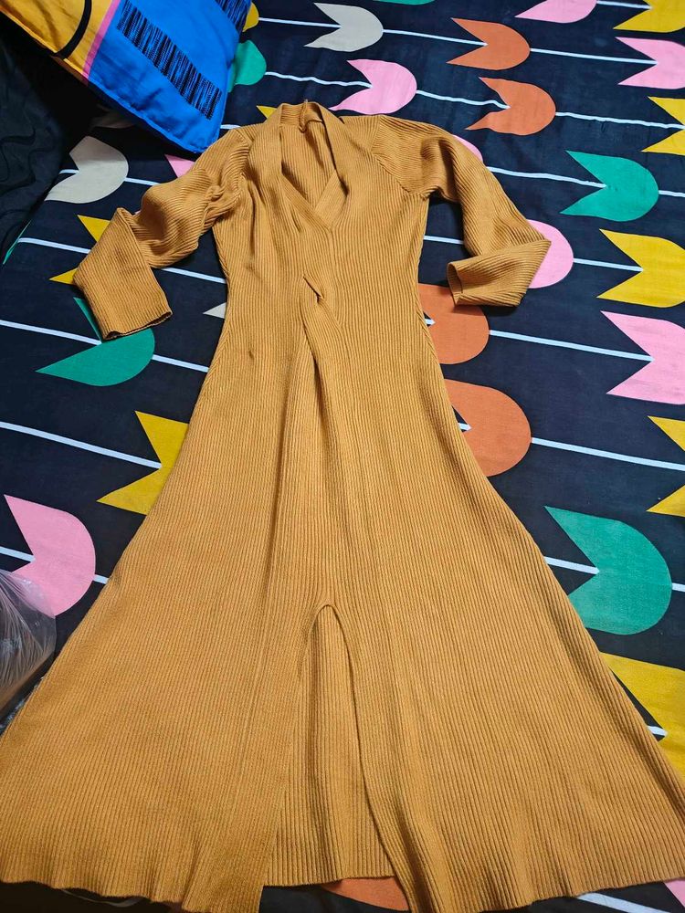 woolen mustard bodycon dress
