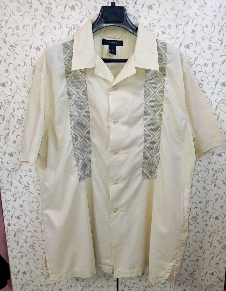 Express Cream Patterned Embroidered Shirt