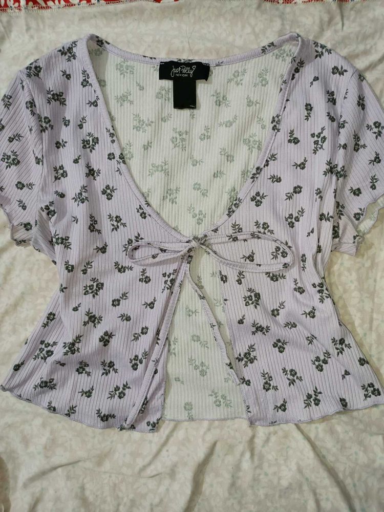 Lilac Floral Ribbed Tie-front Crop Top