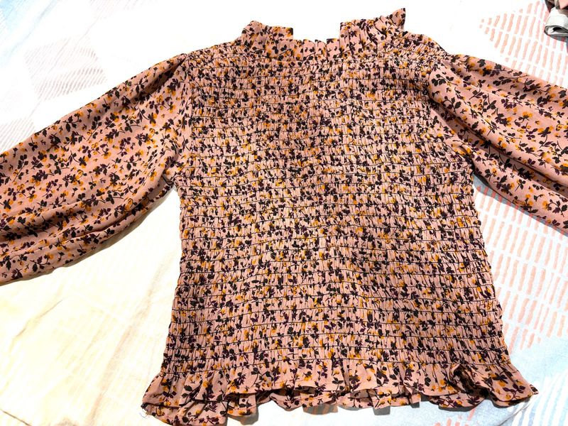 Floral Shirred Long Sleeve Top