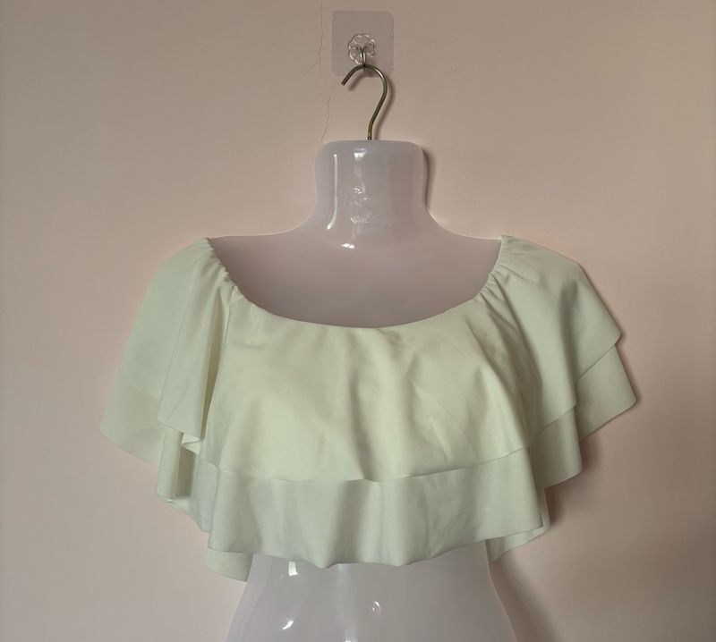 White Drilled Off Shoulder Padded Top