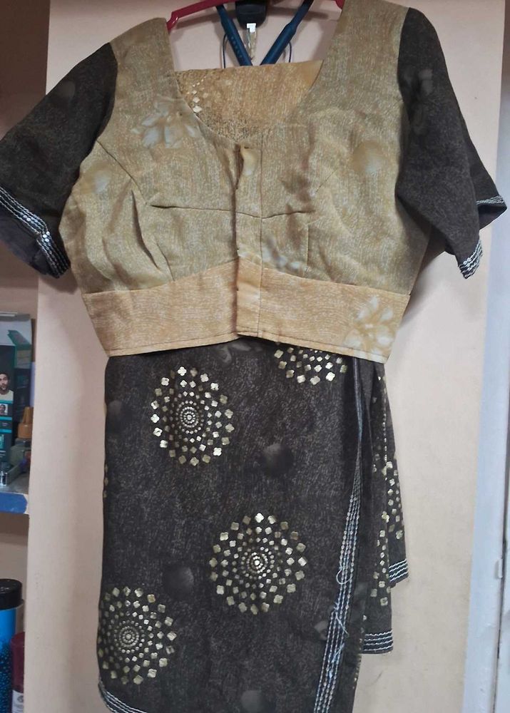 brown and  yellow shade Elegant Saree with Blou